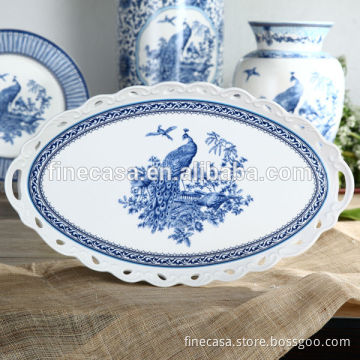 15 Inches Elegant Blue and White Oval Serving Tray